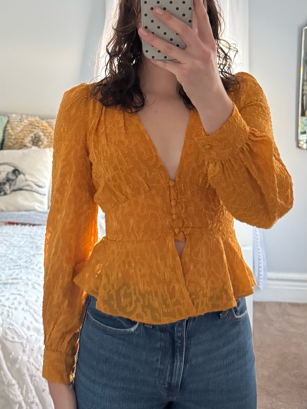French Connection Mustard Textured Peplum Blouse